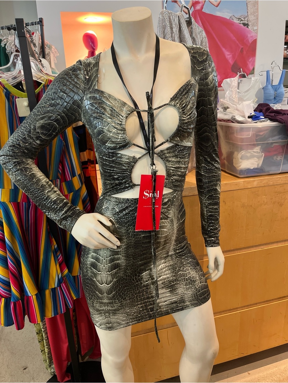 Snake-Print Cutout Mini Dress in Charcoal